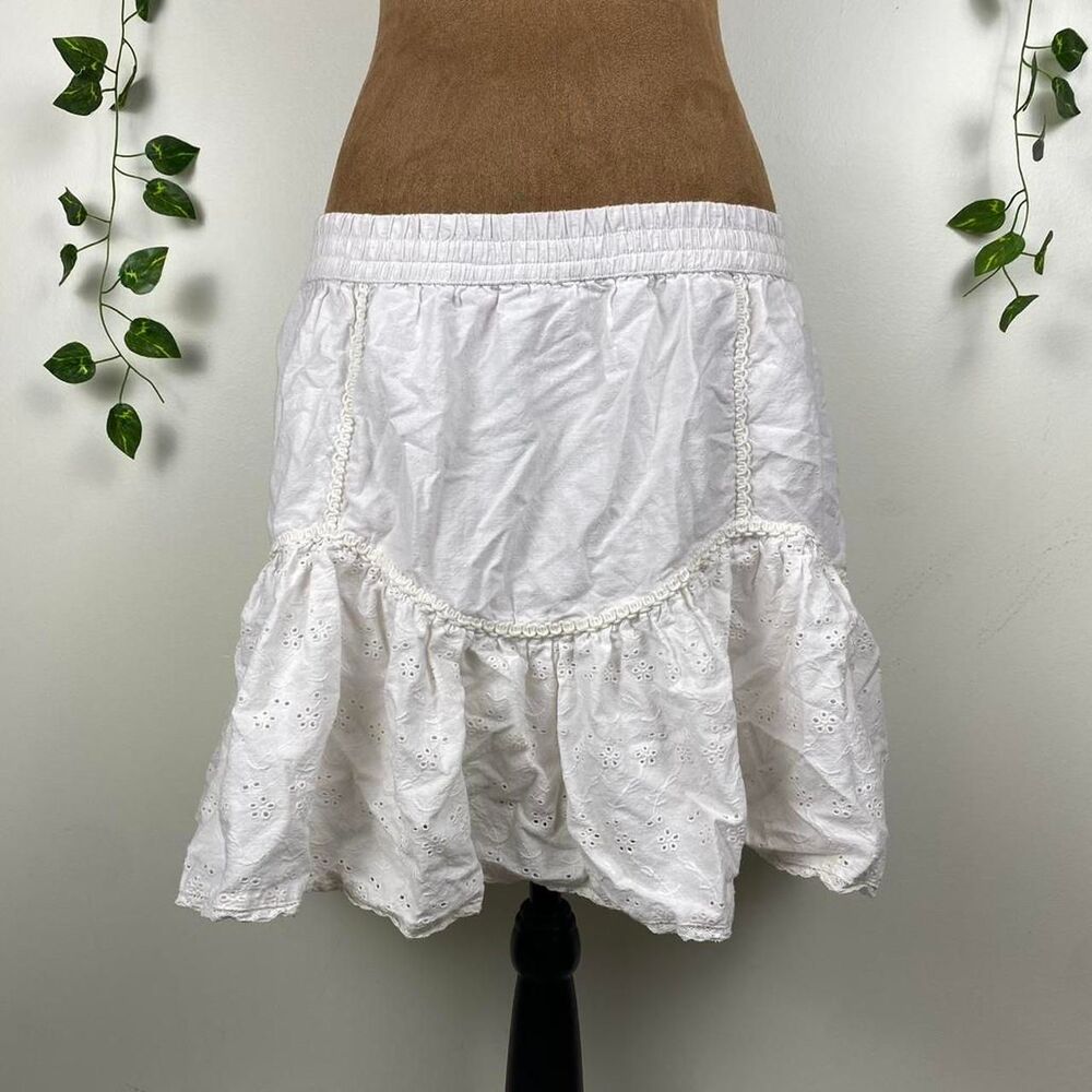 Jessica Simpson white ruffle eyelet mini skirt ruched cottage western fairy